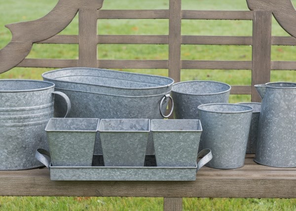 Galvanised pots - set of 3 with tray