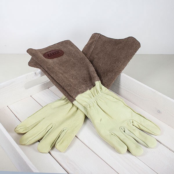 Personalised brown leather gardening gloves