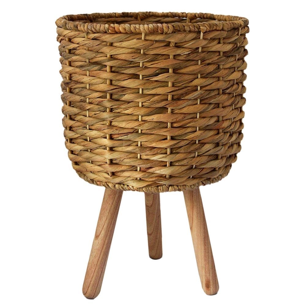 Water hyacinth lined plant basket on legs - natural