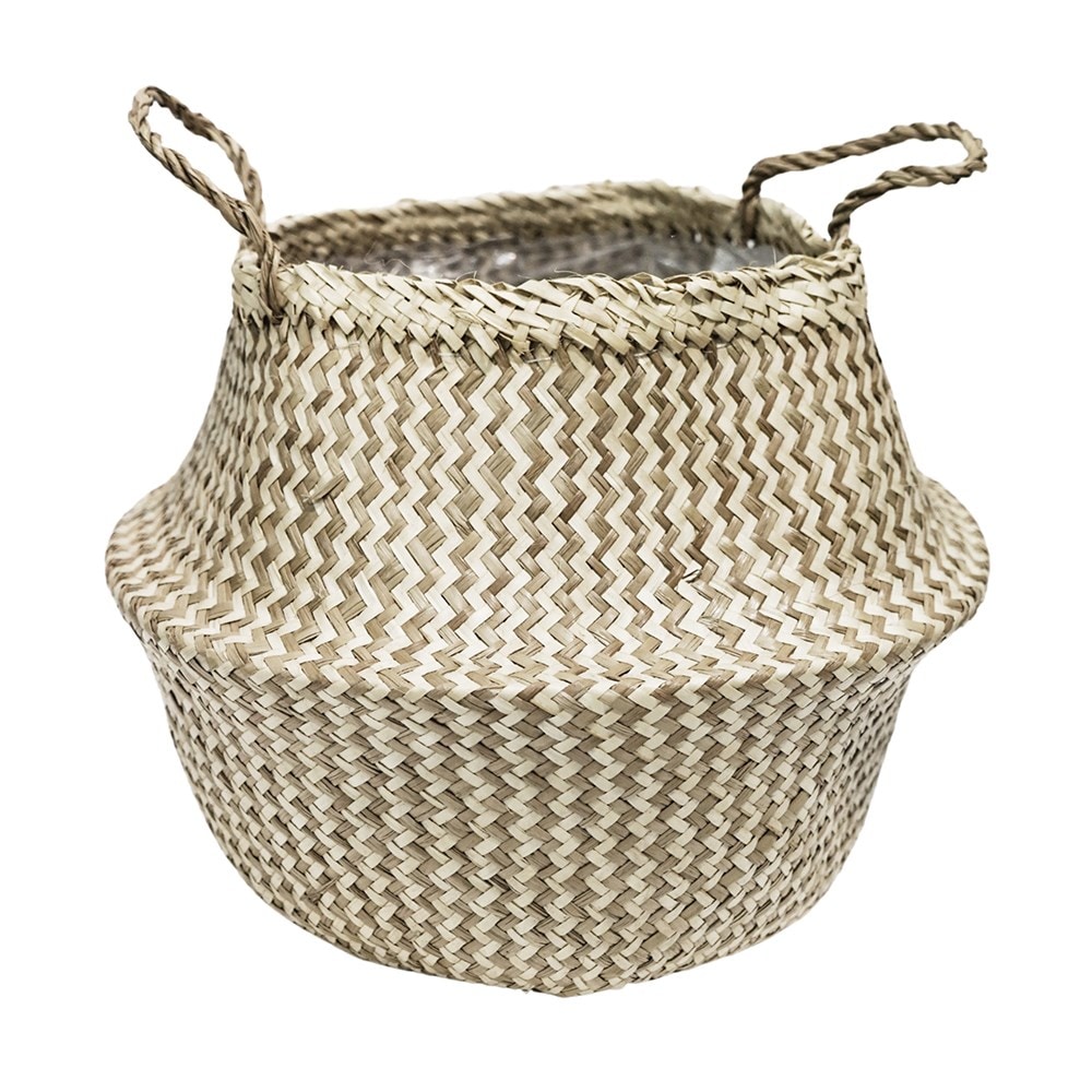 Seagrass chevron lined plant basket - white