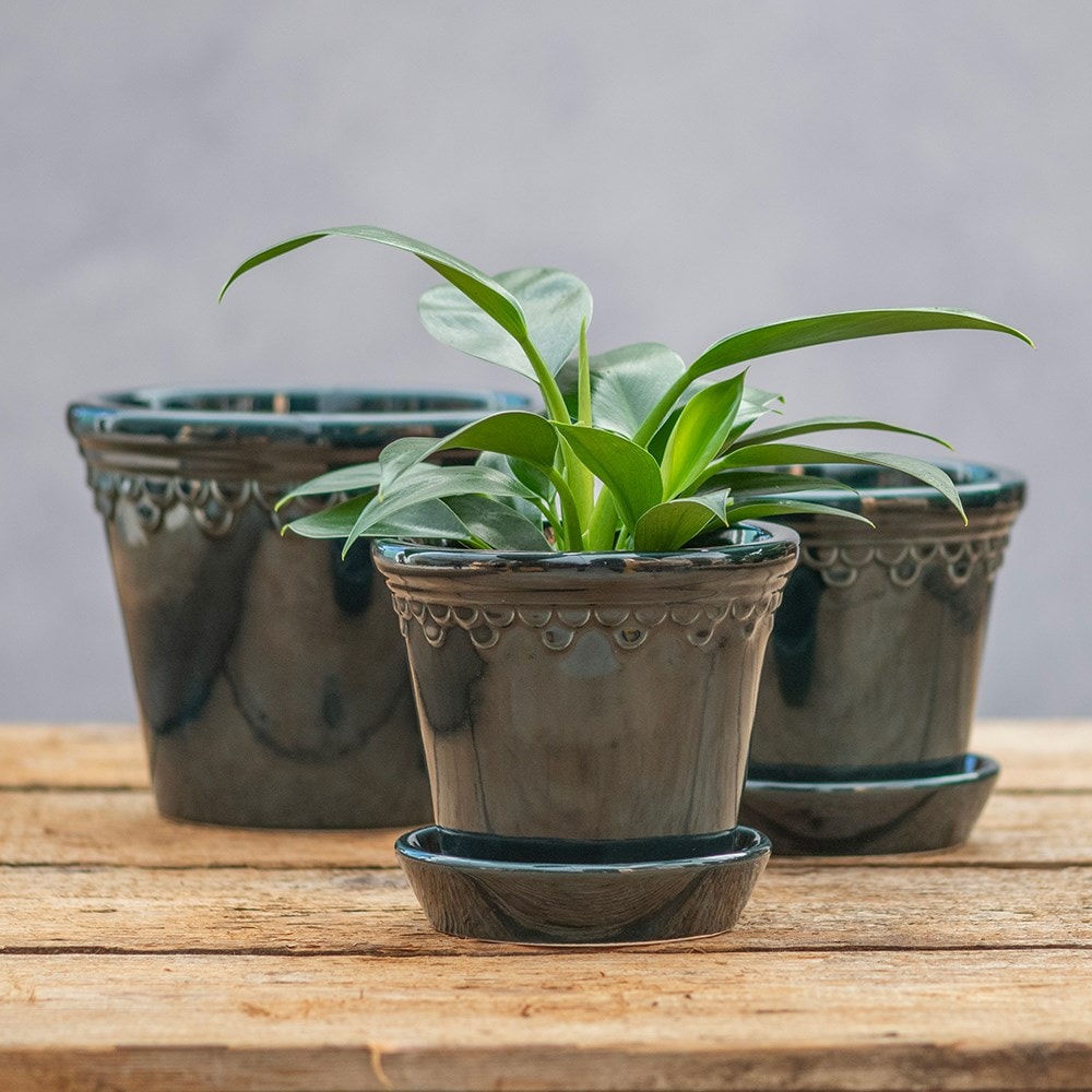 Scalloped tapered plant pot & saucer - petrol blue