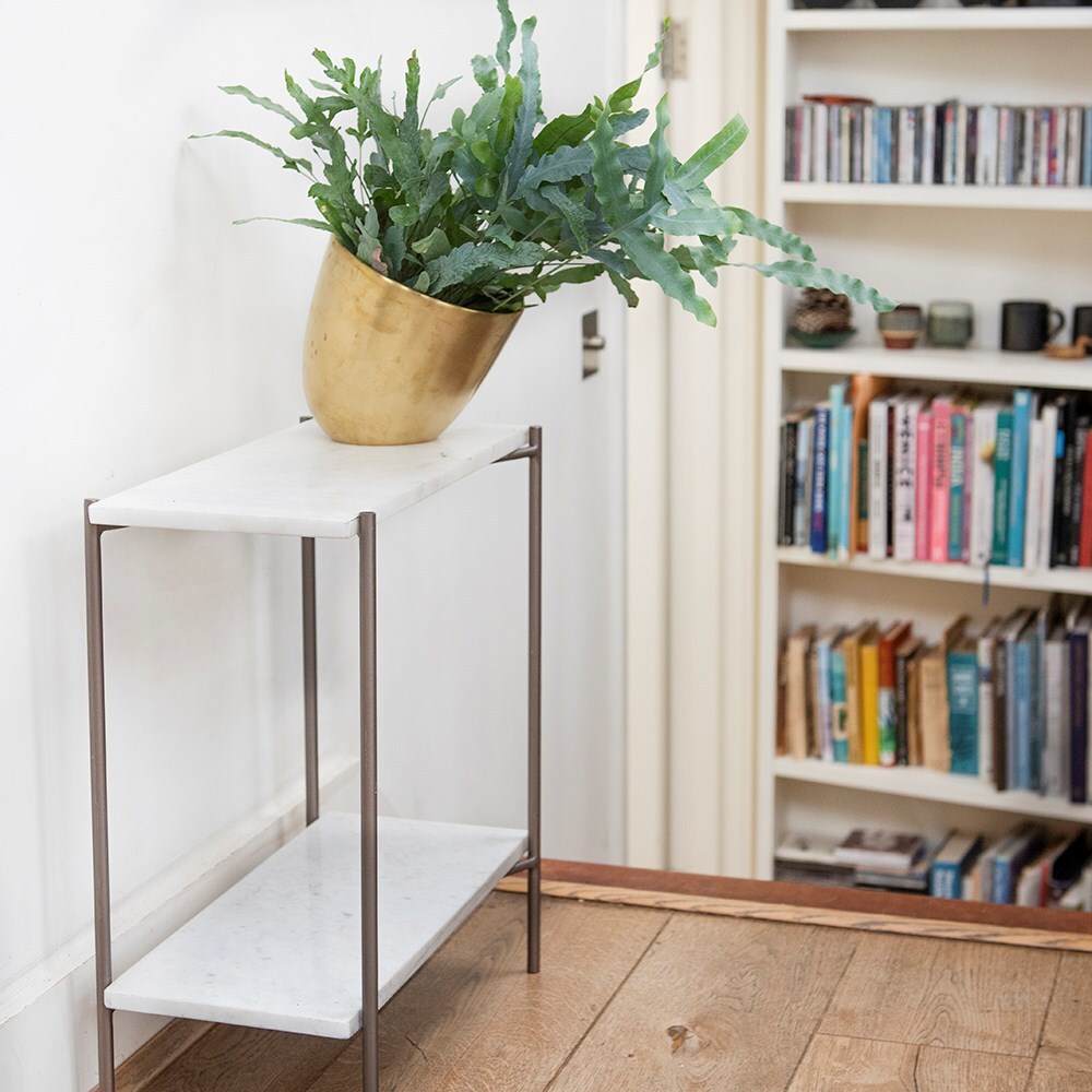Marble side table with shelf and tilting pot cover