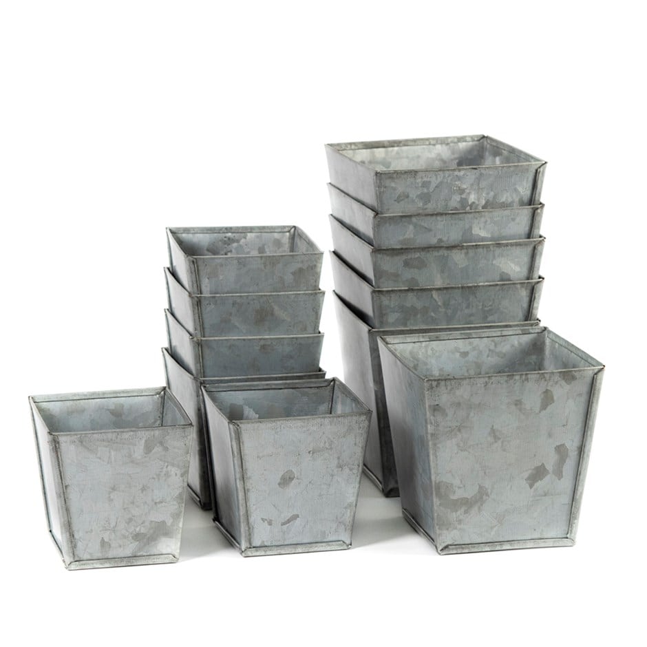 Square galvanised pots - set of 6
