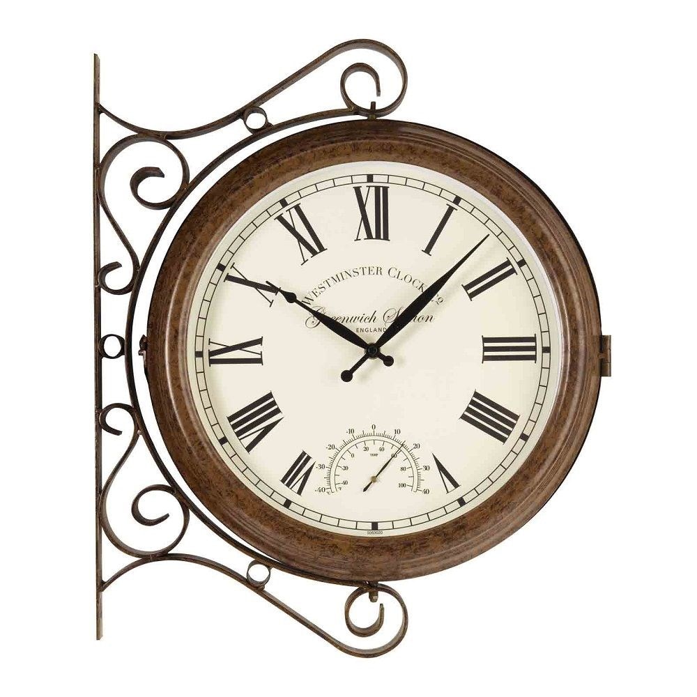 Double sided metal Greenwich station clock and thermometer