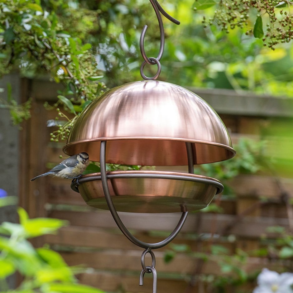 Brushed copper hanging bird feeding dome