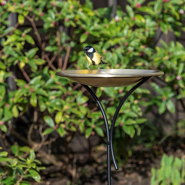 Brushed brass bird bowl on a stake