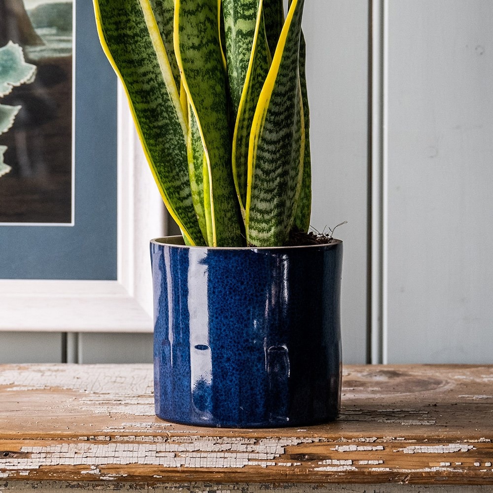 Linear glazed plant pot - blue