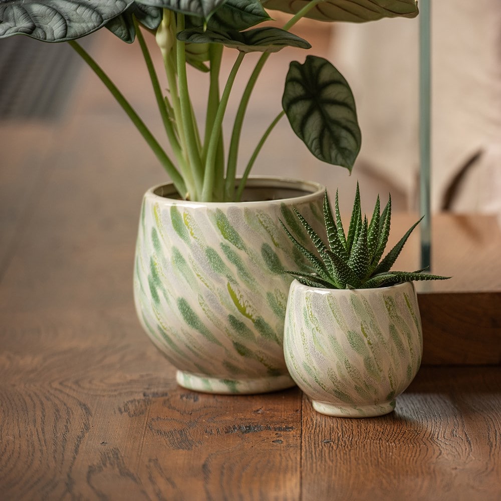 Patterned glaze round plant pot set of 2 - ivory & green