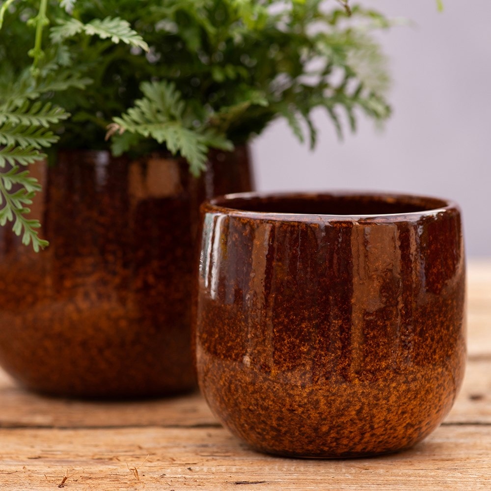 Glazed round plant pot - rust