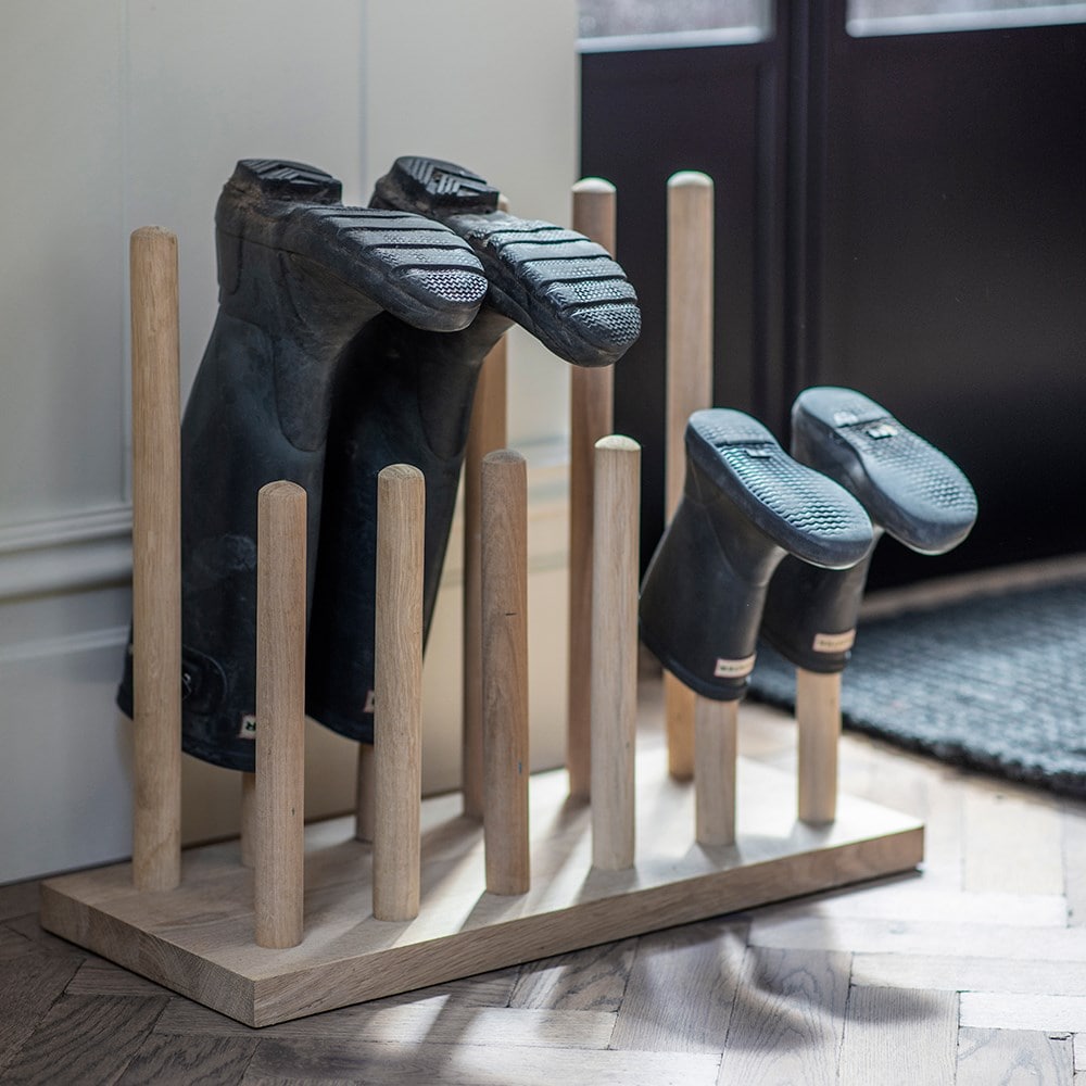 Oak six pair welly boot stand 