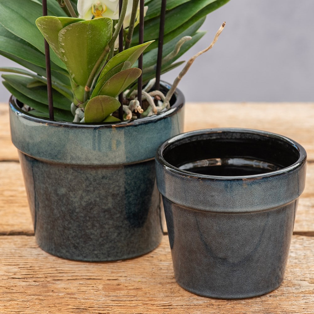 Reactive glaze wide rim plant pot set of 2 - blue
