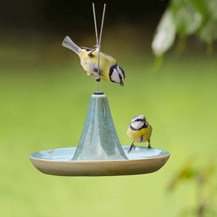 Ceramic hanging bird water / feed saucer - green