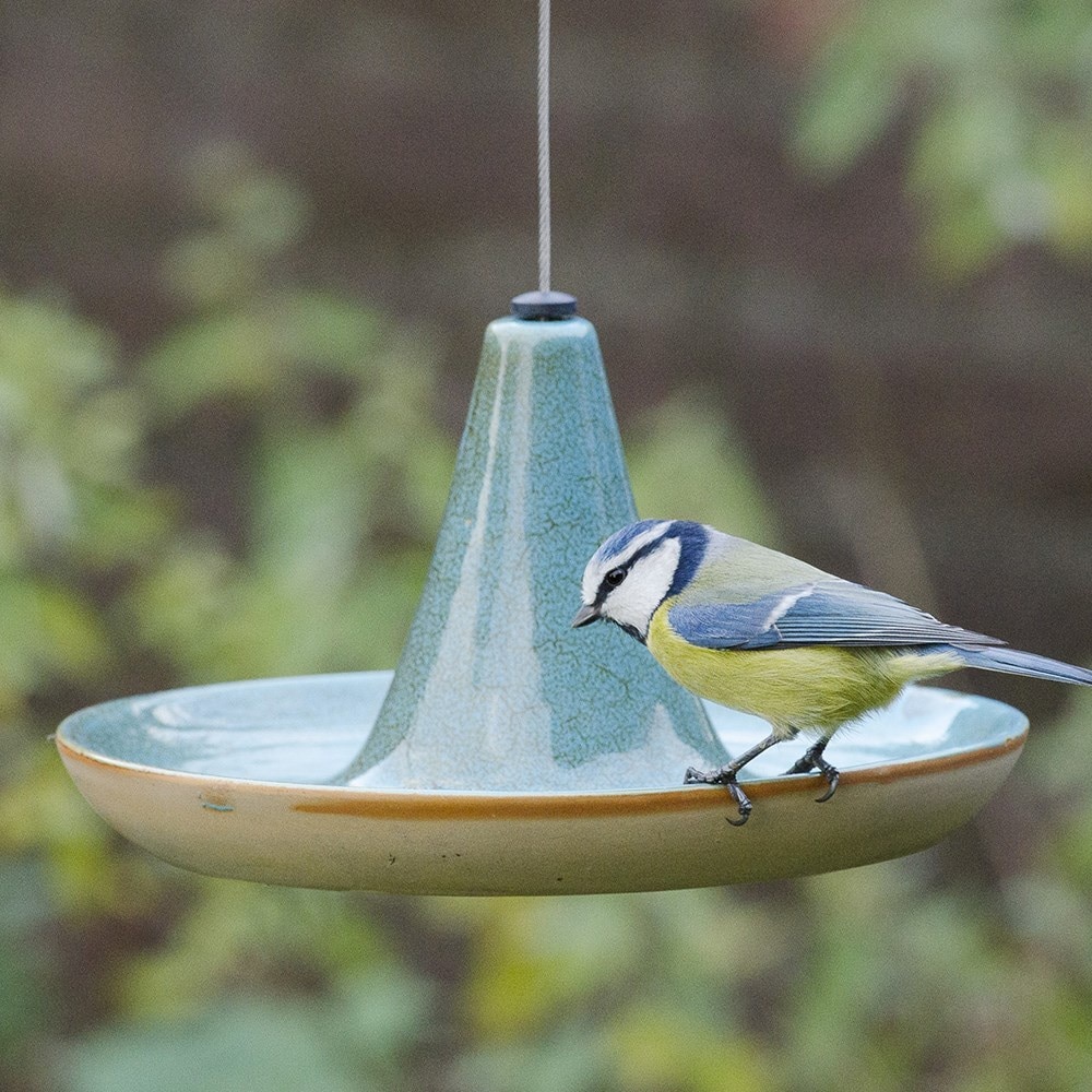 Ceramic hanging bird water / feed dish - green