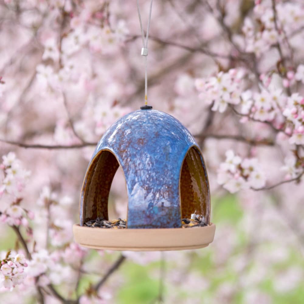 Ceramic hanging bird feeder - blue