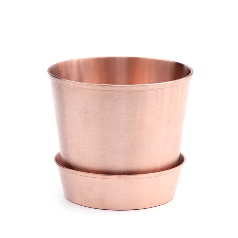 Brushed copper pot and tray Brushed copper pot and tray