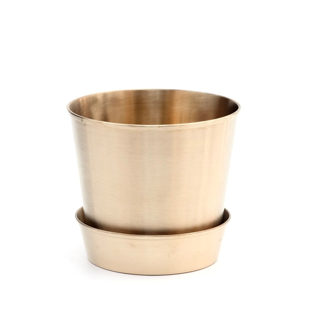 Brushed brass pot and tray Brushed brass pot and tray