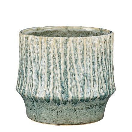 Glazed ribbed plant pot - blue & ivory
