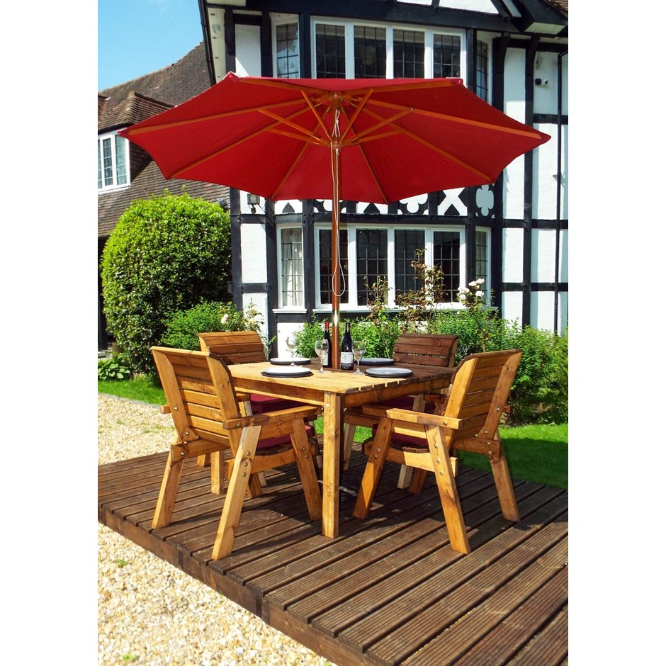 Charles Taylor Wooden Square Table Dining Set w/ Burgundy Cushions & Parasol