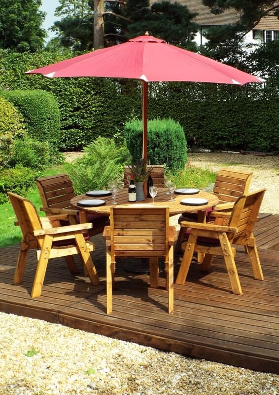 Charles Taylor Wooden Round Table Dining Set w/ Burgundy Cushions & Parasol