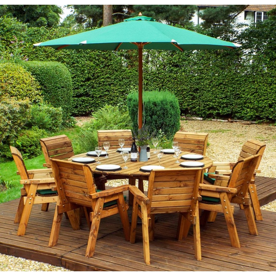 Charles Taylor Wooden Garden Round Table Dining Set w/ Green Cushions & Parasol