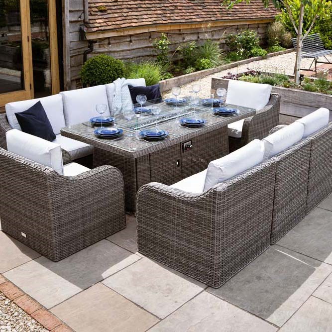 Luxury Rattan 8 Seater Sofa Set with Fire Pit Table in Stone | Primrose Living