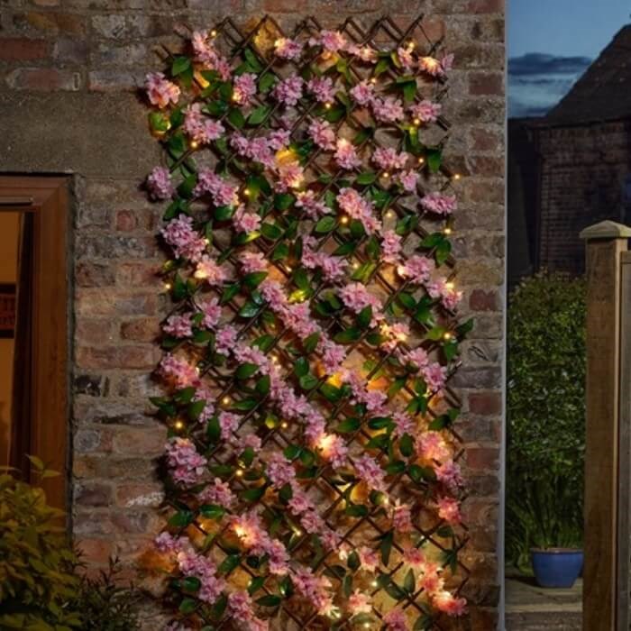 Pink Blossom Artificial Screening Trellis With Solar LED Lights