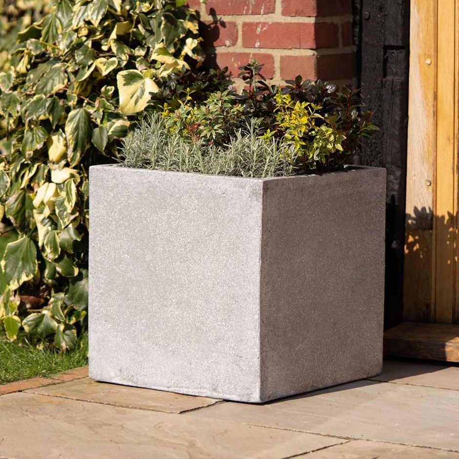 40cm Cement Effect Fibrestone Cube Planter