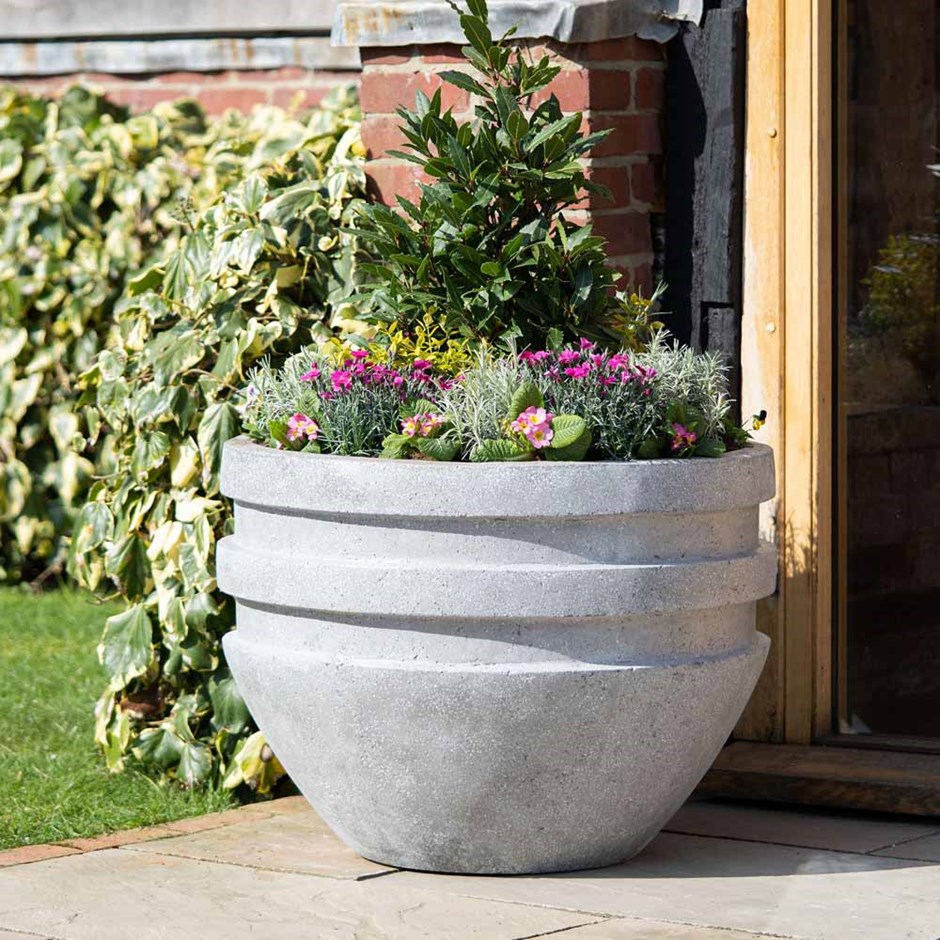 Cement Effect Fibrestone Double Rimmed Round Planter