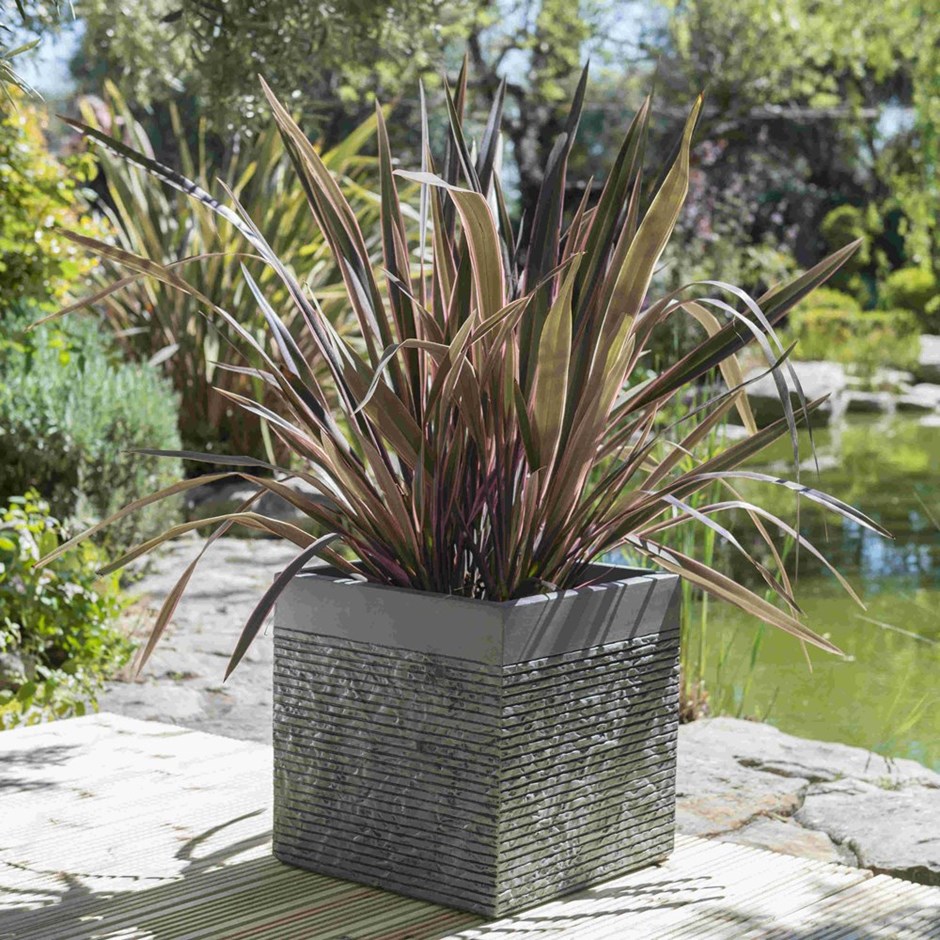 40cm Light Grey Fibrecotta Textured Cube Planter