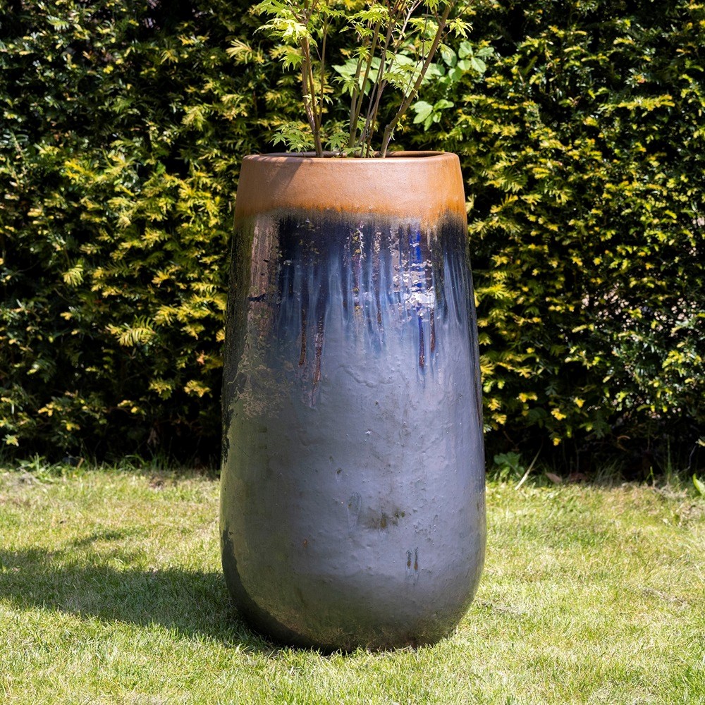 H40Cm Terracotta Tall Round Planter In Grey/ Blue By Primrose