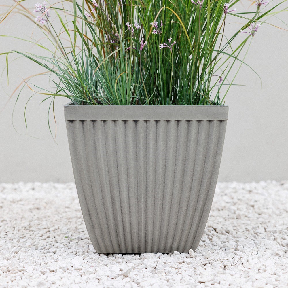 Ribbed Grey Stone Effect Flared Square Planter
