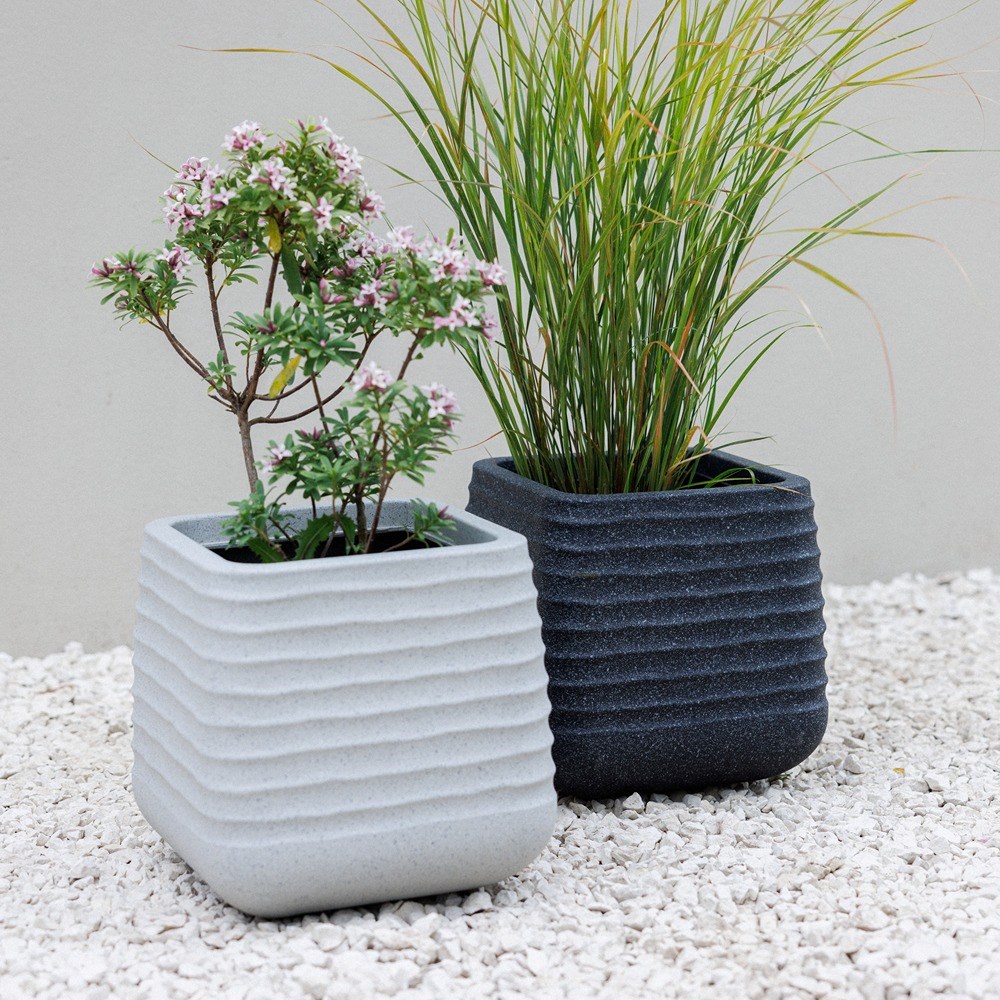 Ribbed Light Grey Stone Effect Square Planter