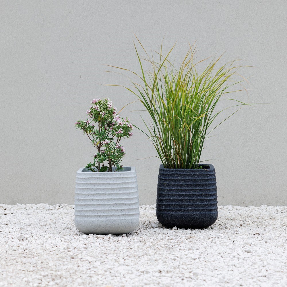 Ribbed Black Stone Effect Square Planter