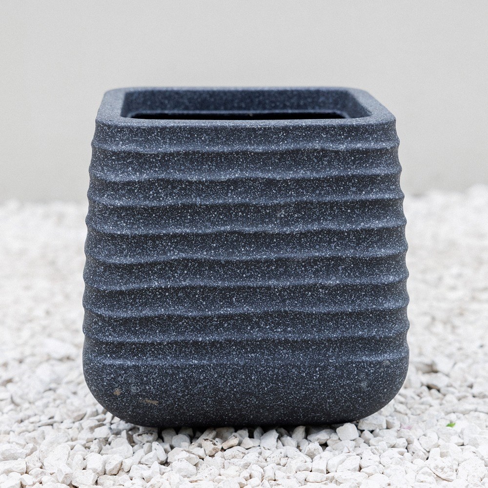 Ribbed Black Stone Effect Square Planter