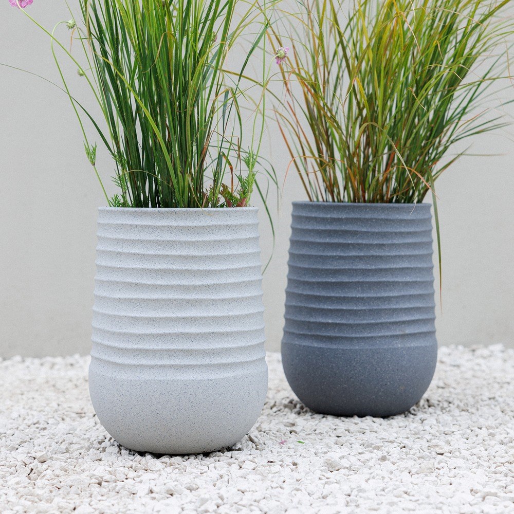 Ribbed Stone Effect Tall Round Beige Planter