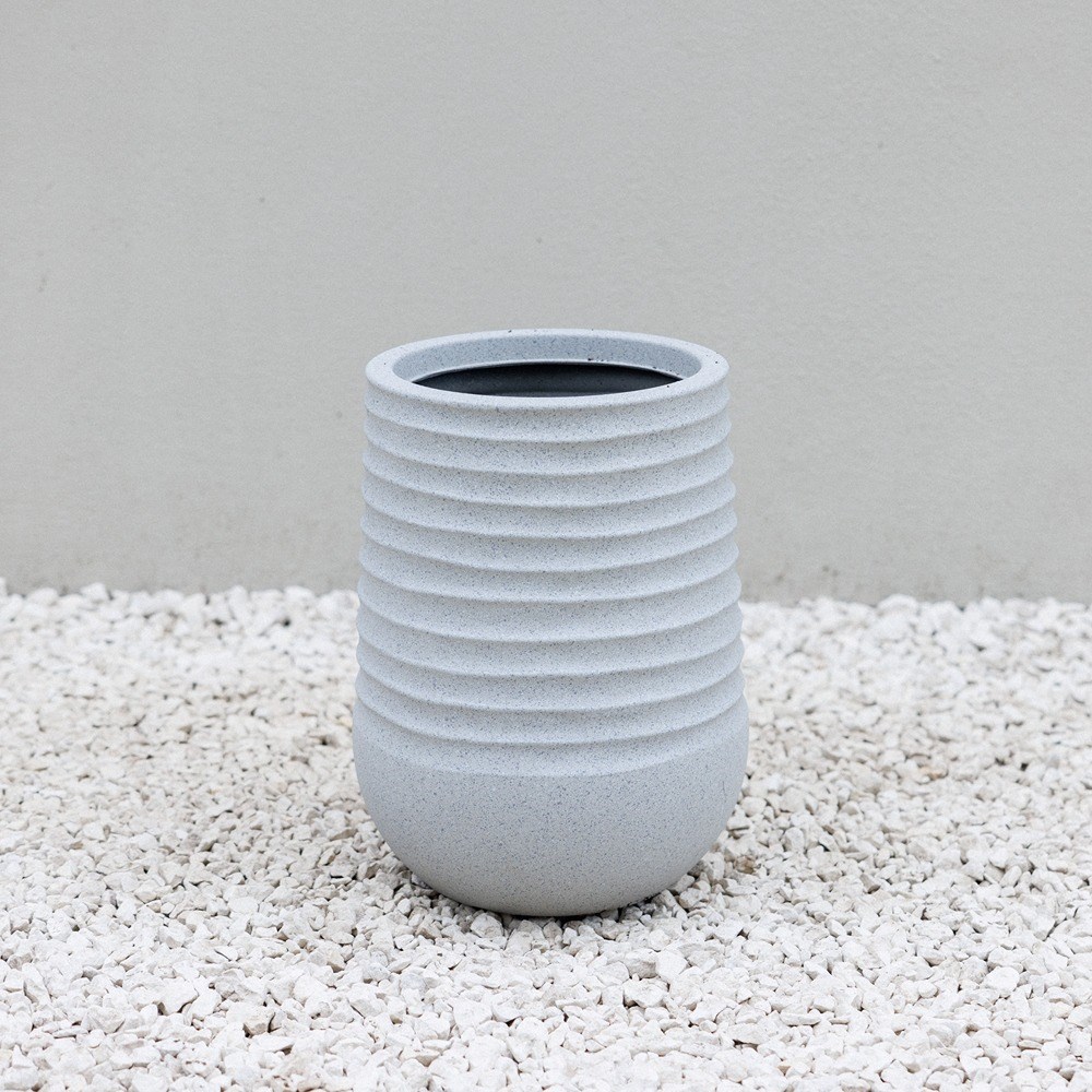 Ribbed Stone Effect Tall Round Beige Planter