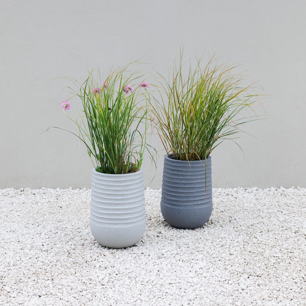Ribbed Stone Effect Tall Round Grey Planter