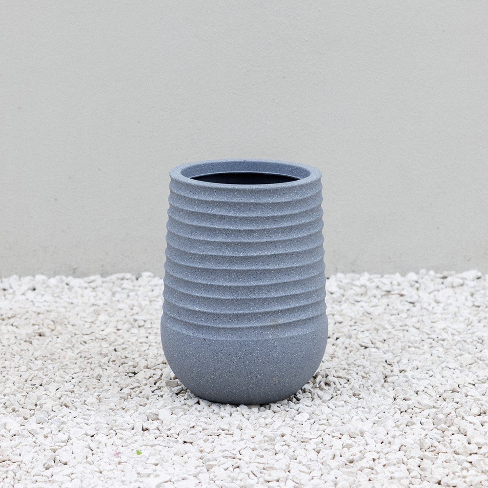 Ribbed Stone Effect Tall Round Grey Planter