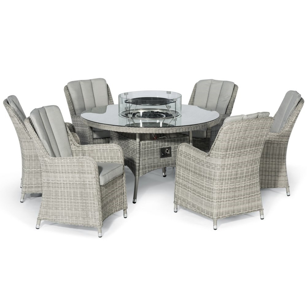 Oxford 6 Seater Garden Round Rattan Dining Set with Fire Pit Table in Light Grey