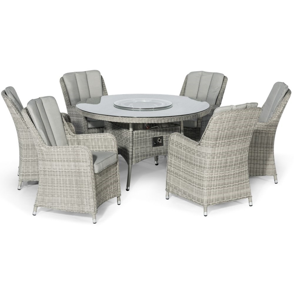Oxford 6 Seater Garden Round Rattan Dining Set with Fire Pit Table in Light Grey