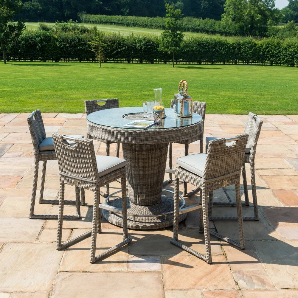 Oxford 6 Seater Rattan Round Bar Set with Ice Bucket and Stools in Light Grey