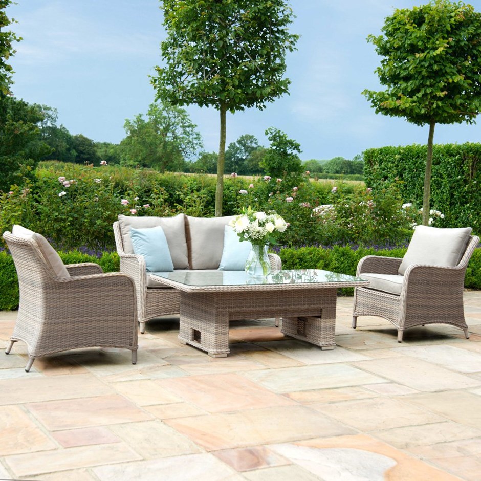 Cotswolds Garden 2 Seater Rattan Sofa Dining with Rising Table in Grey/Taupe