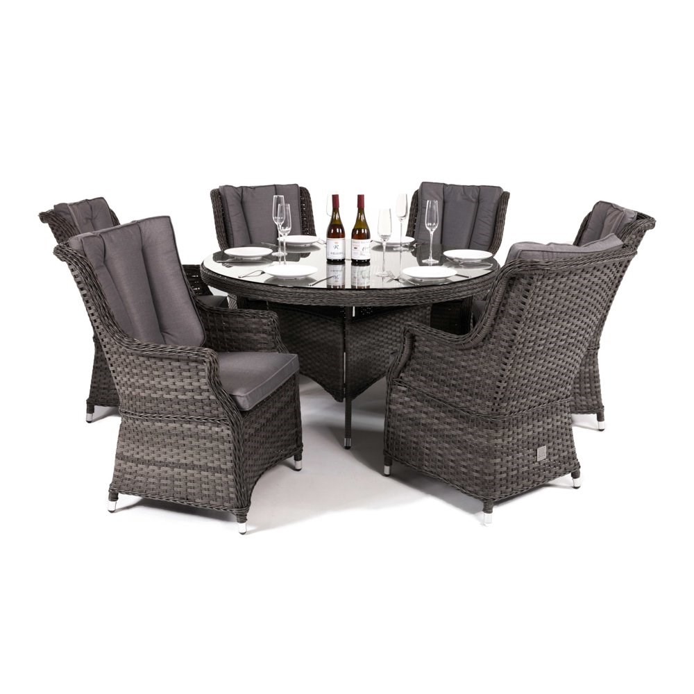 Victoria Garden 6 Seater Rattan Round Table and Chairs Dining Set in Grey