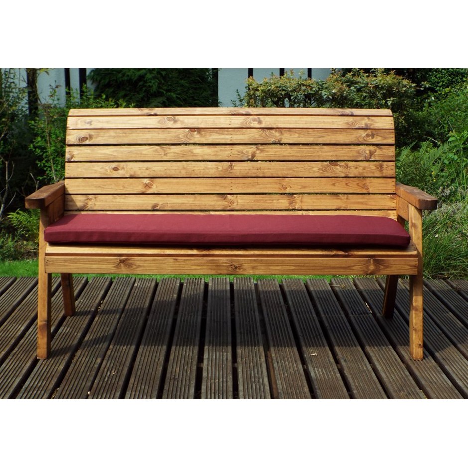 Three Seater Wooden Bench with Burgundy Cushion 