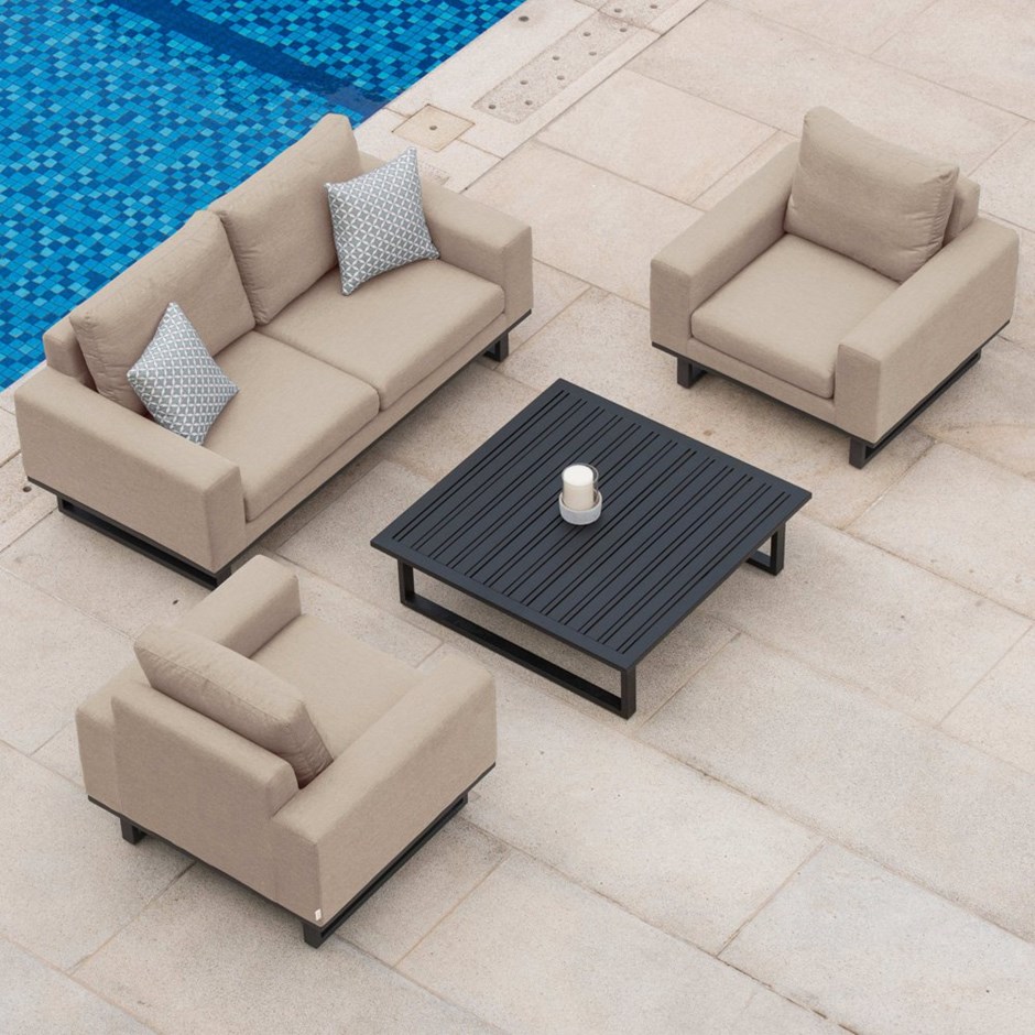 Ethos Garden 2 Seater Rattan Sofa Armchairs and Coffee Table Set in Taupe