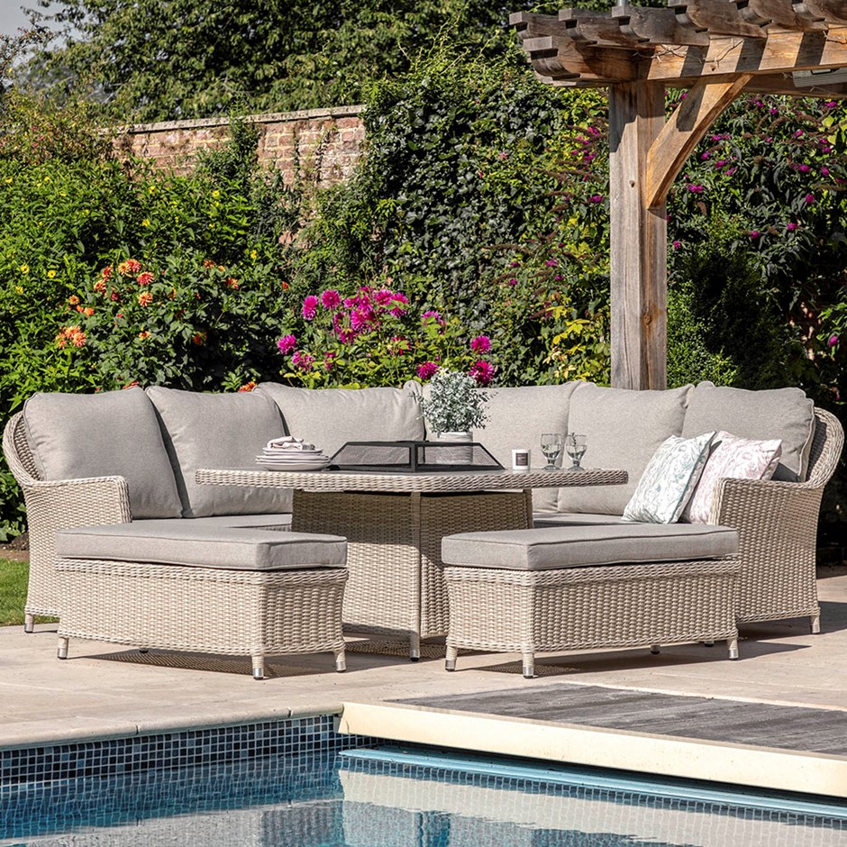 Holton Woven Corner Square Dining Set With Fire Pit Table