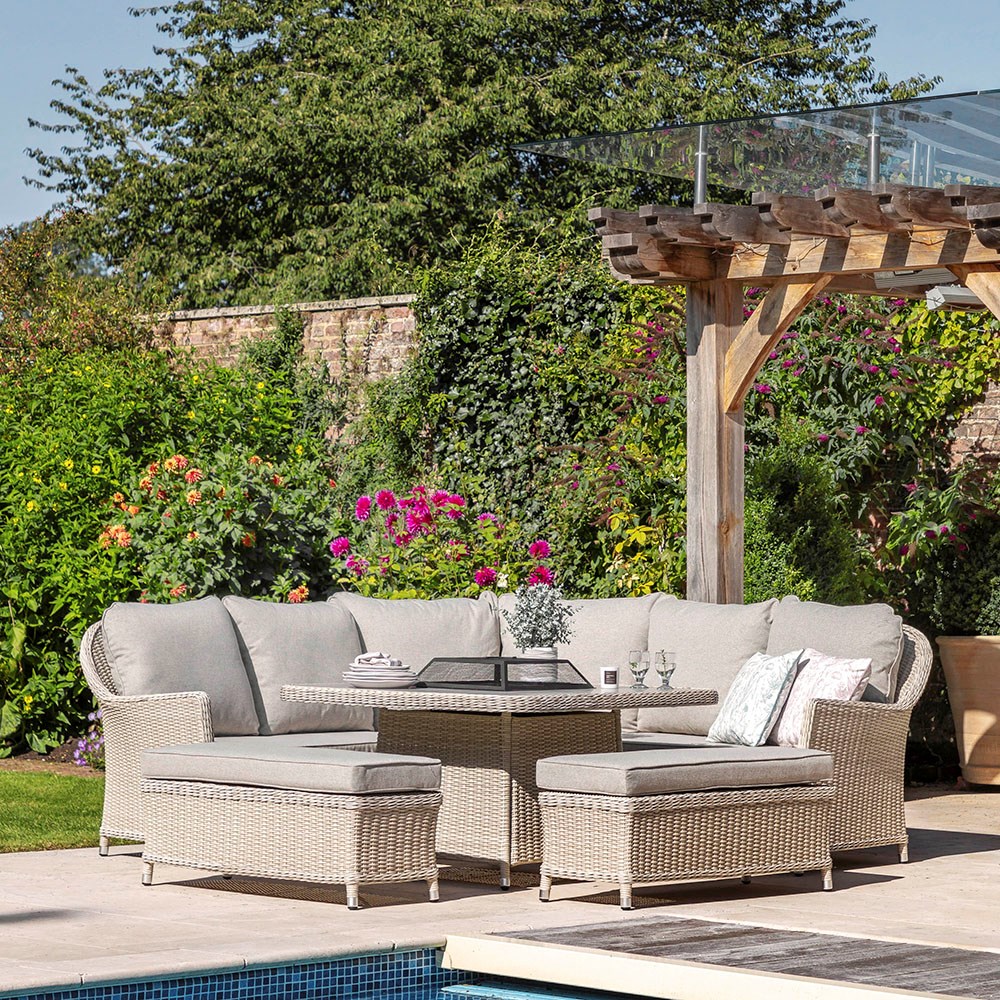 Holton Woven Corner Square Dining Set With Fire Pit Table