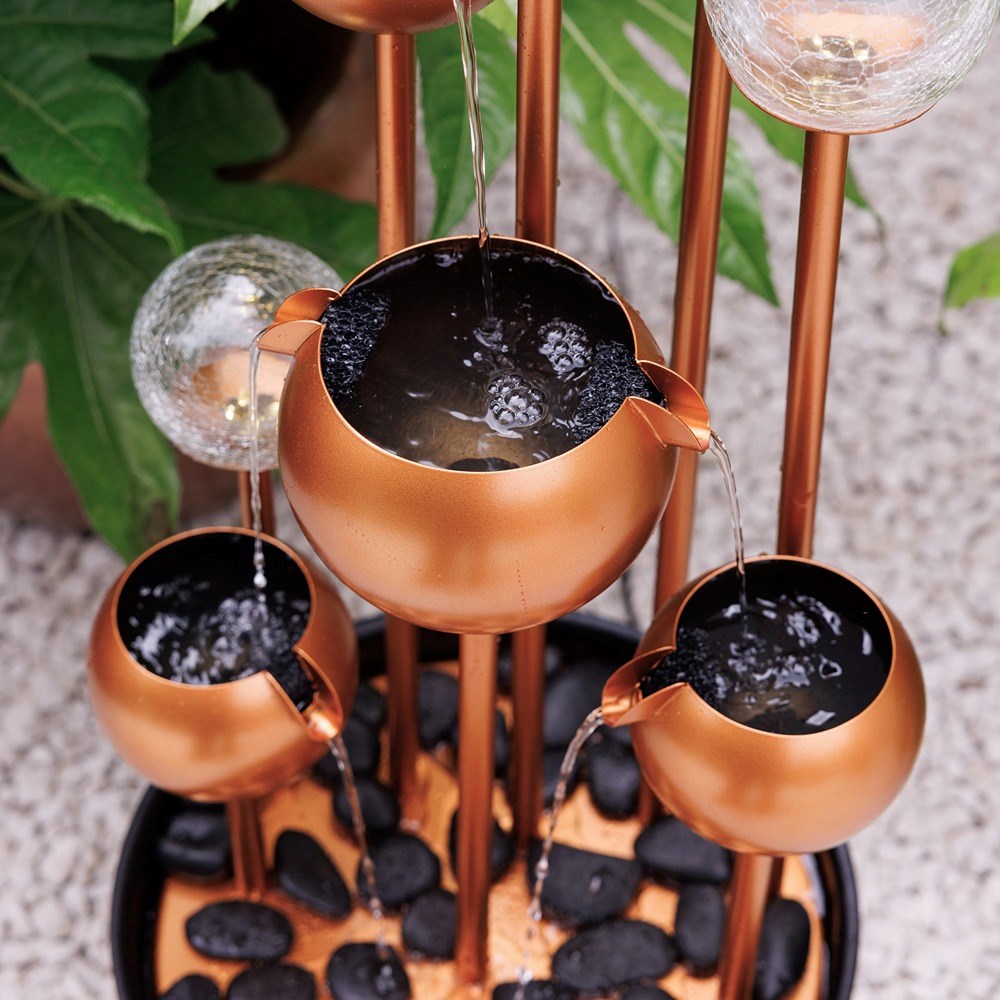 Golden Orb Cascading Tiered Water Feature With LED Lights