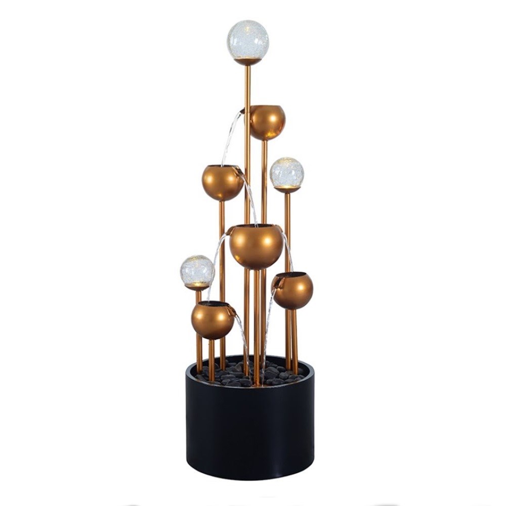 Golden Orb Cascading Tiered Water Feature With LED Lights