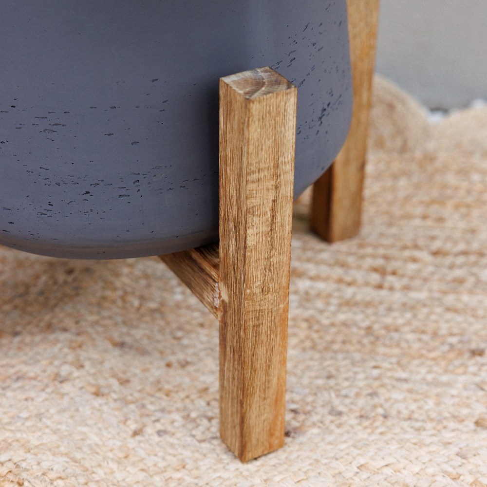Textured Concrete Round Indoor Planter With Wooden Stand